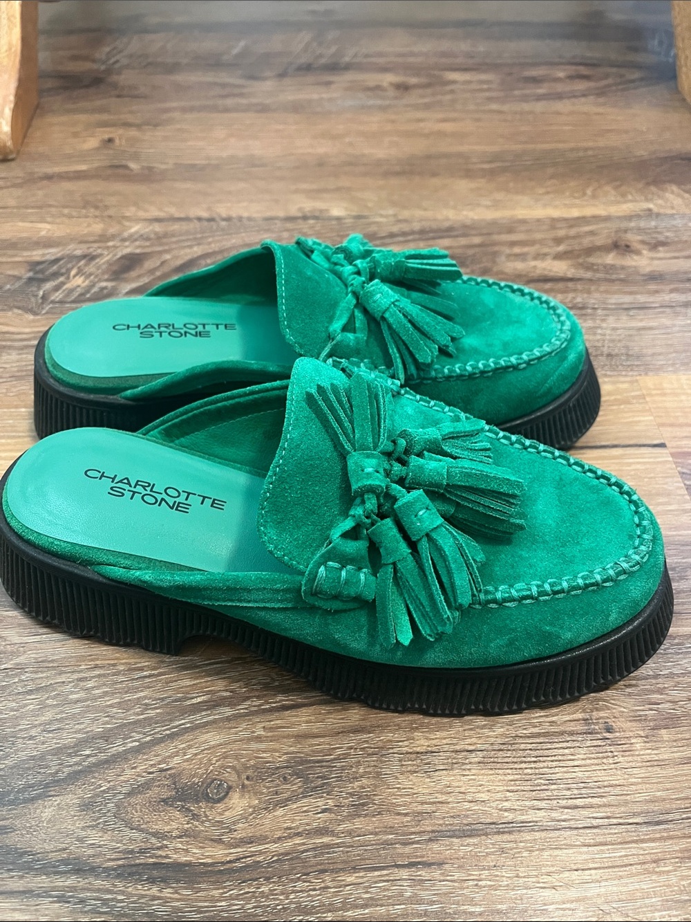 Charlotte Stone Green Suede Tassel Loafers